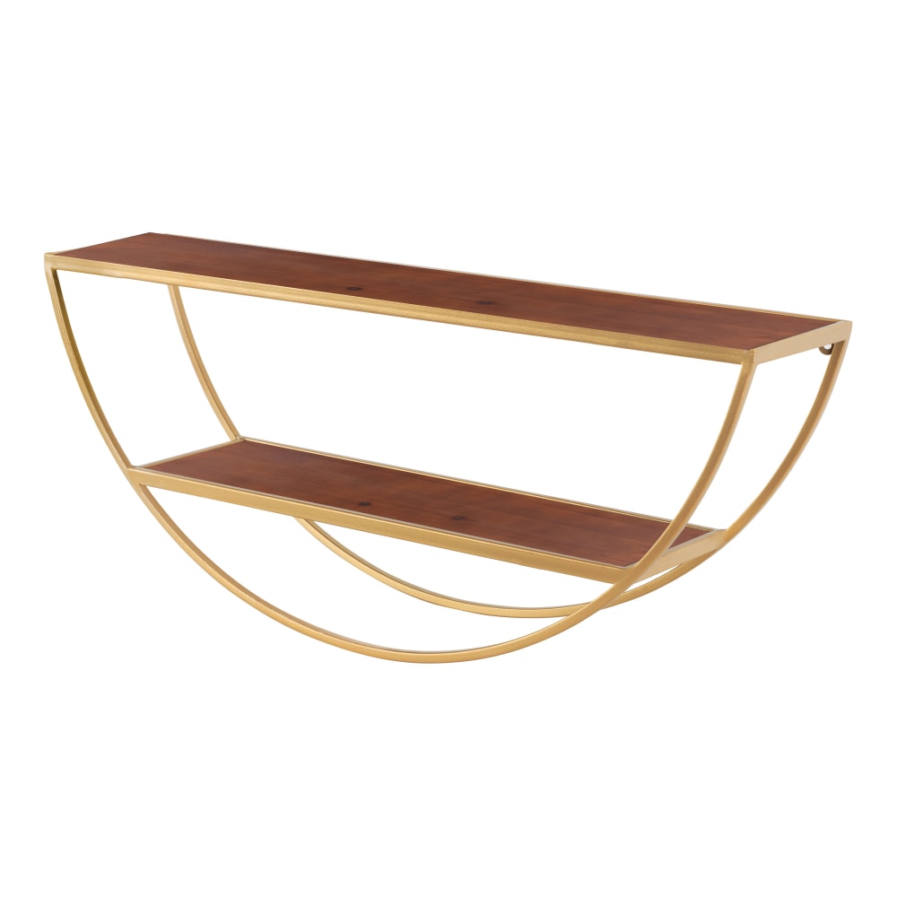 Kate and Laurel Tancill Half-Circle Wall Shelves, 11inH x 26inW x 6inD, Walnut Brown/Gold, Set Of 2 Shelves