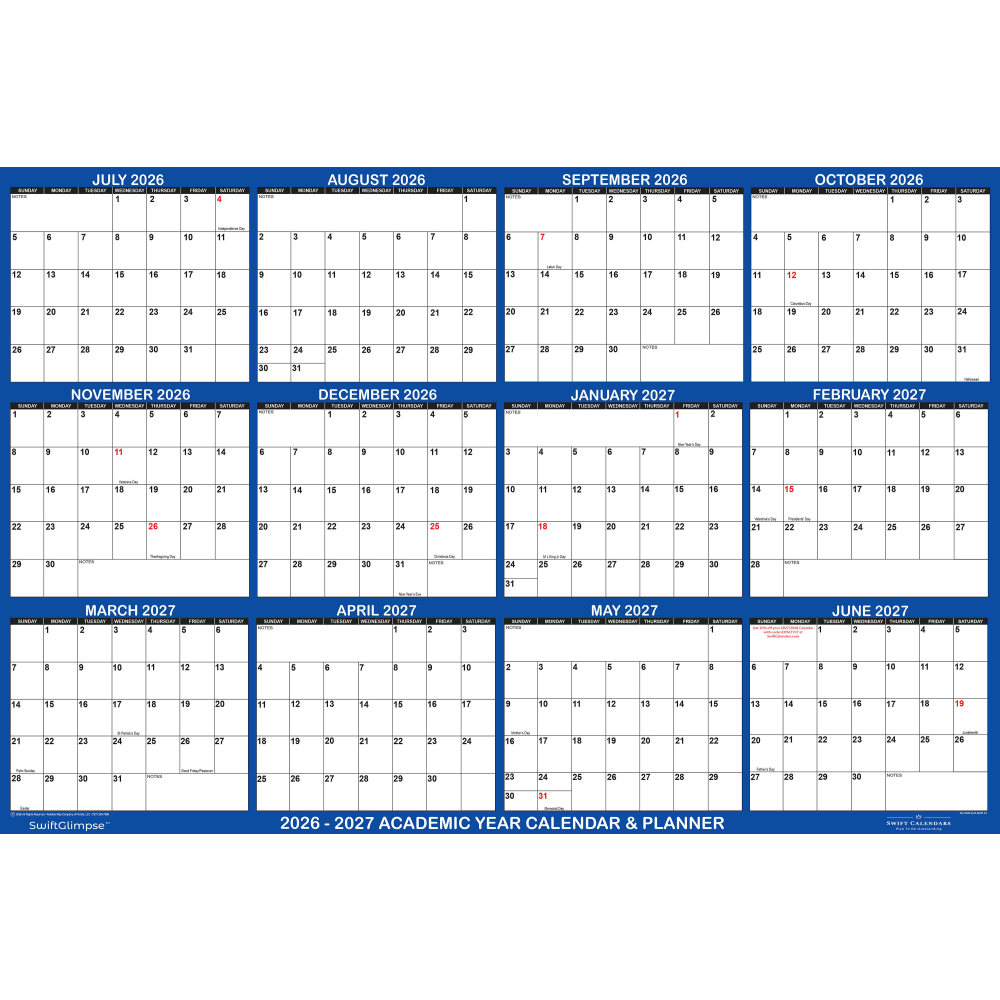 2026-2027 SwiftGlimpse Academic Monthly Wall Calendar, 72in x 48in, Navy/White, July To June, Total Qty 1