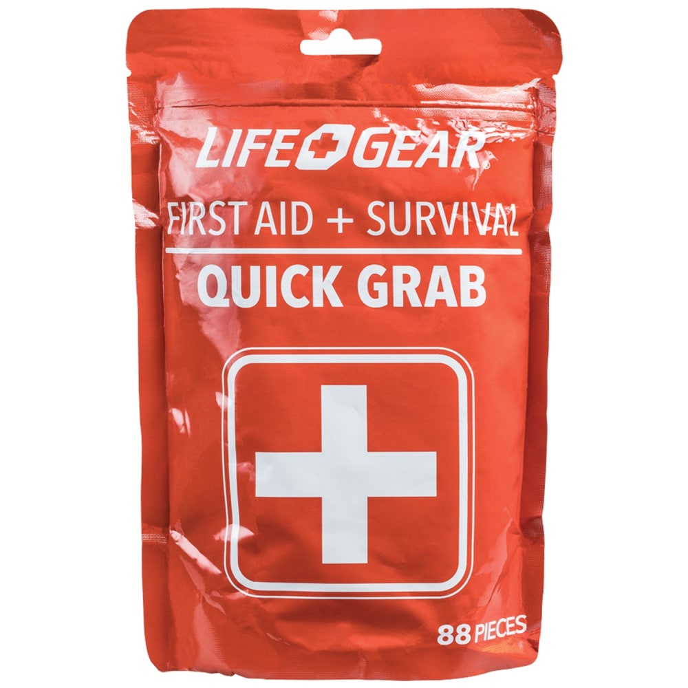Life+Gear Quick Grab First Aid & Survival Kit, 9-15/16inH x 6-5/16inW x 5-1/2inD, Red, Set Of 88 Pieces
