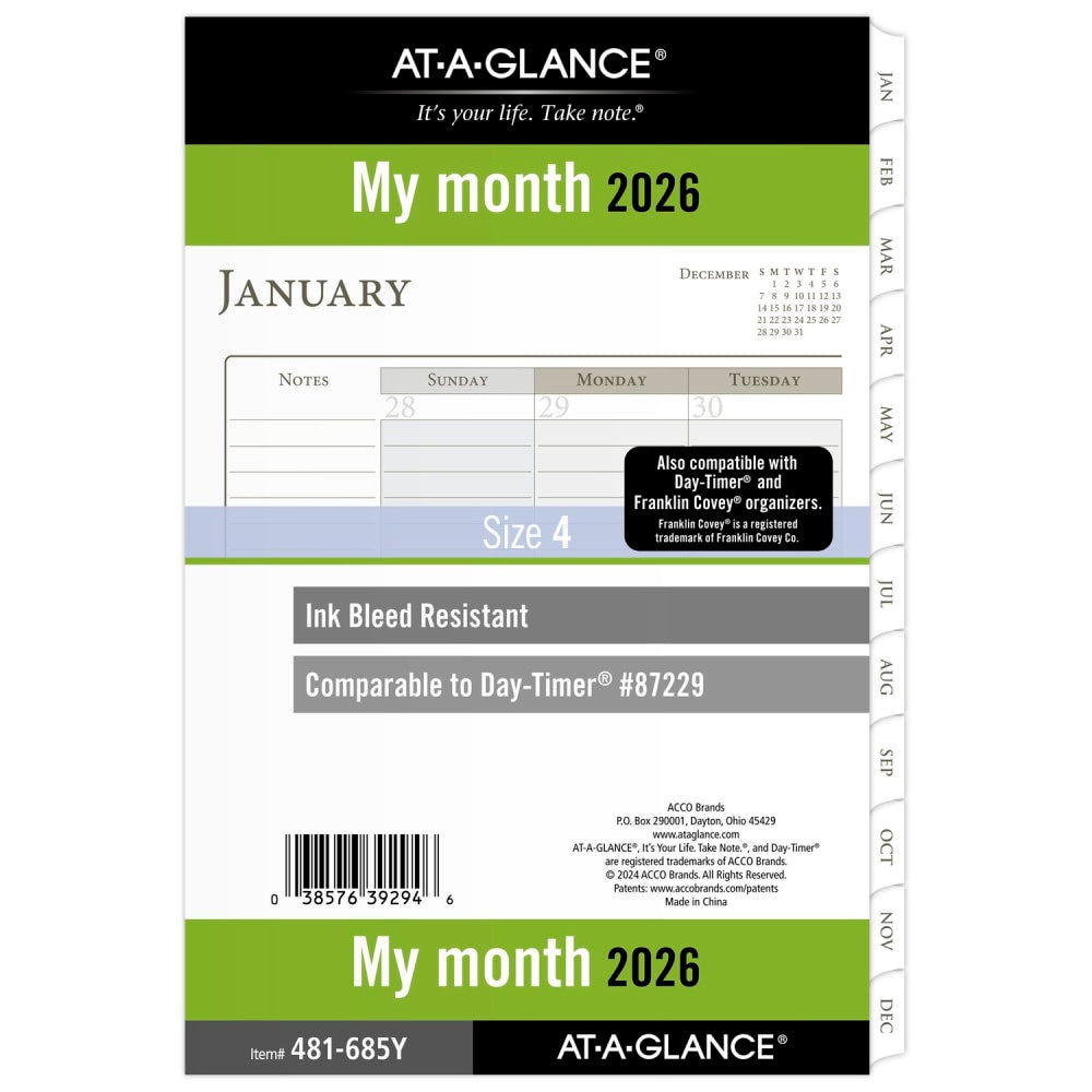 AT-A-GLANCE 2026 Monthly Planner Refill, Loose-Leaf, Desk Size, 5 1/2in x 8 1/2in, 481685Y26