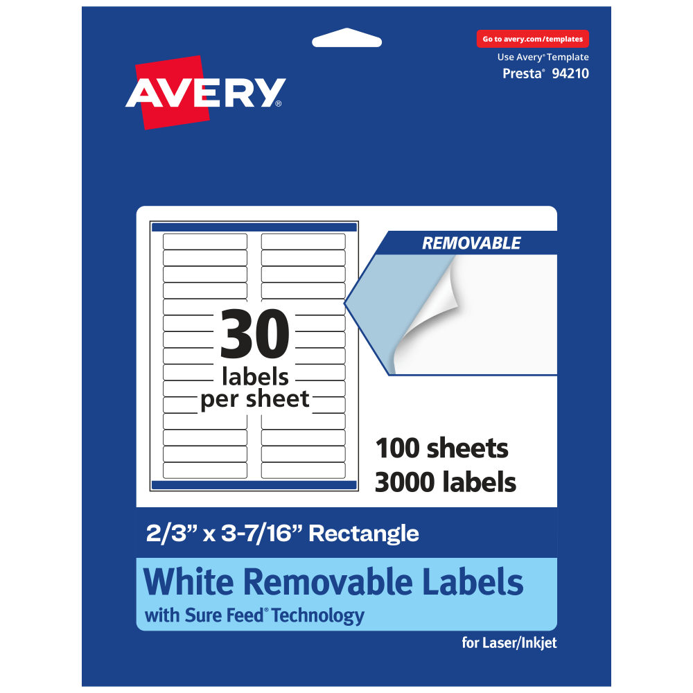 Avery Removable Labels With Sure Feed, 94210-RMP100, Rectangle, 2/3in x 3-7/16in, White, Pack Of 3,000 Labels