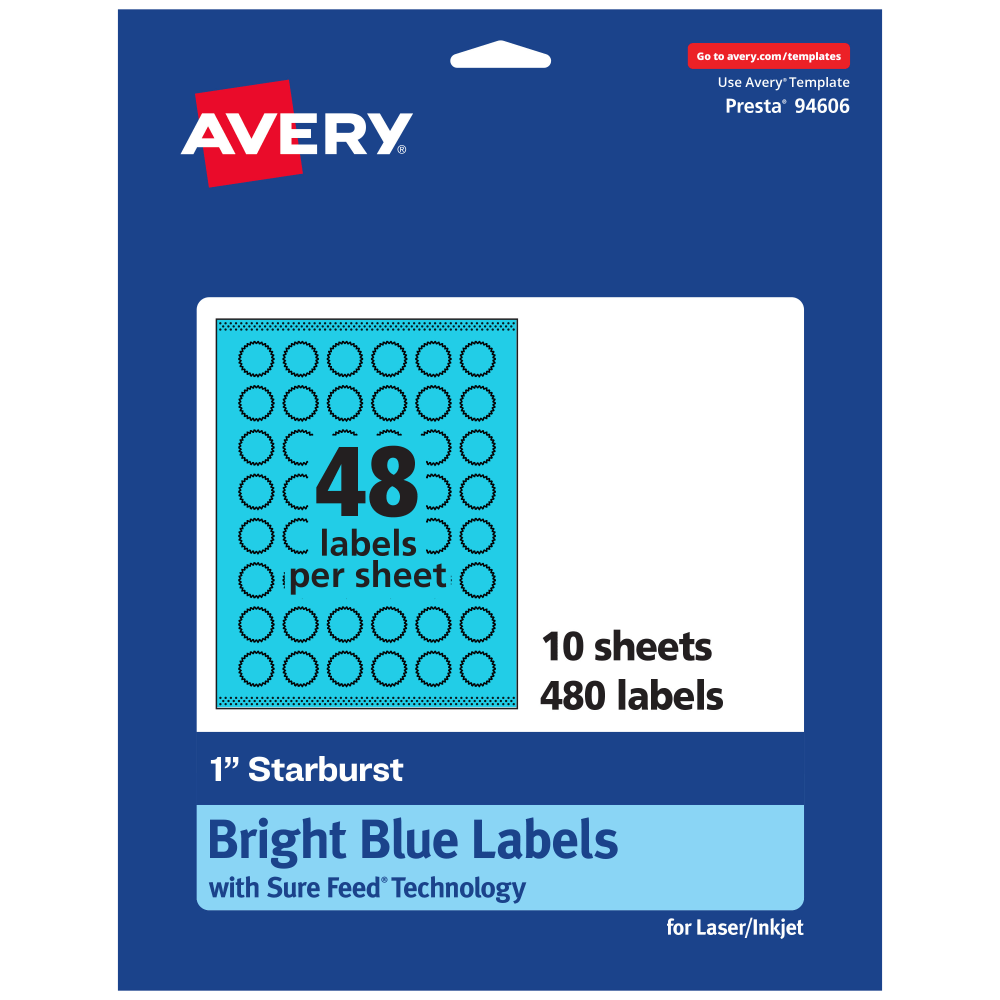 Avery Print-To-The-Edge Labels With Sure Feed Technology, 94606-BBP10, Starburst, 1in, Matte Bright Blue, Pack of 480