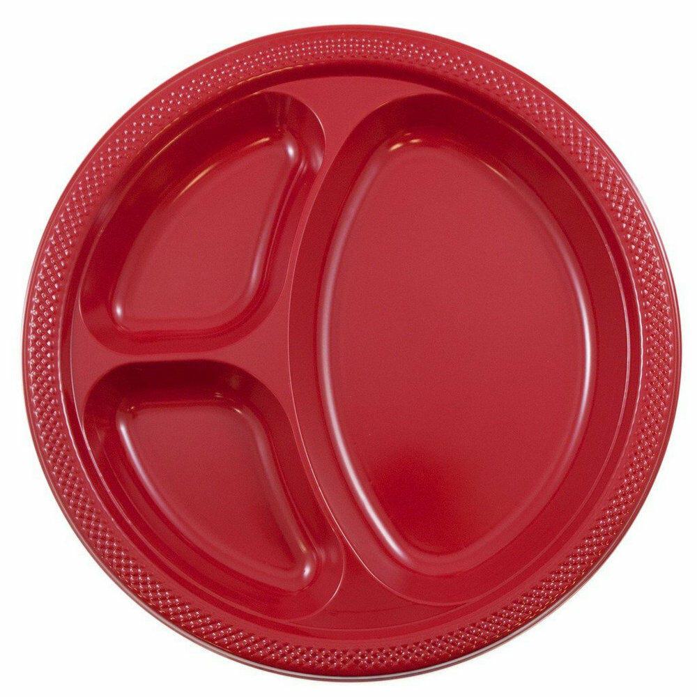 JAM PAPER Plastic 3 Compartment Divided Plates, Large, 10 1/4 inch, Red, 20/Pack