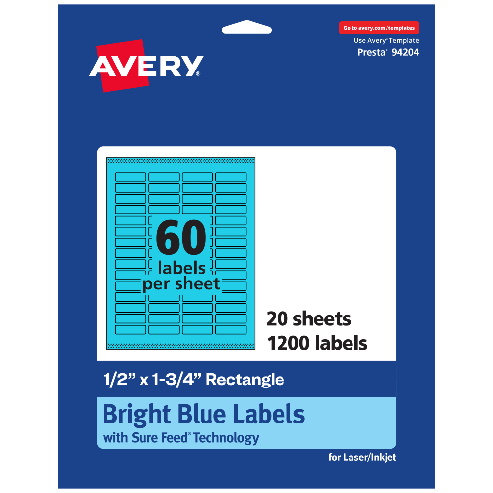 Avery Print-To-The-Edge Labels With Sure Feed Technology And Easy Peel, 94204-BBP20, Rectangle, 1/2in x 1-3/4in, Matte Bright Blue, Pack of 1200