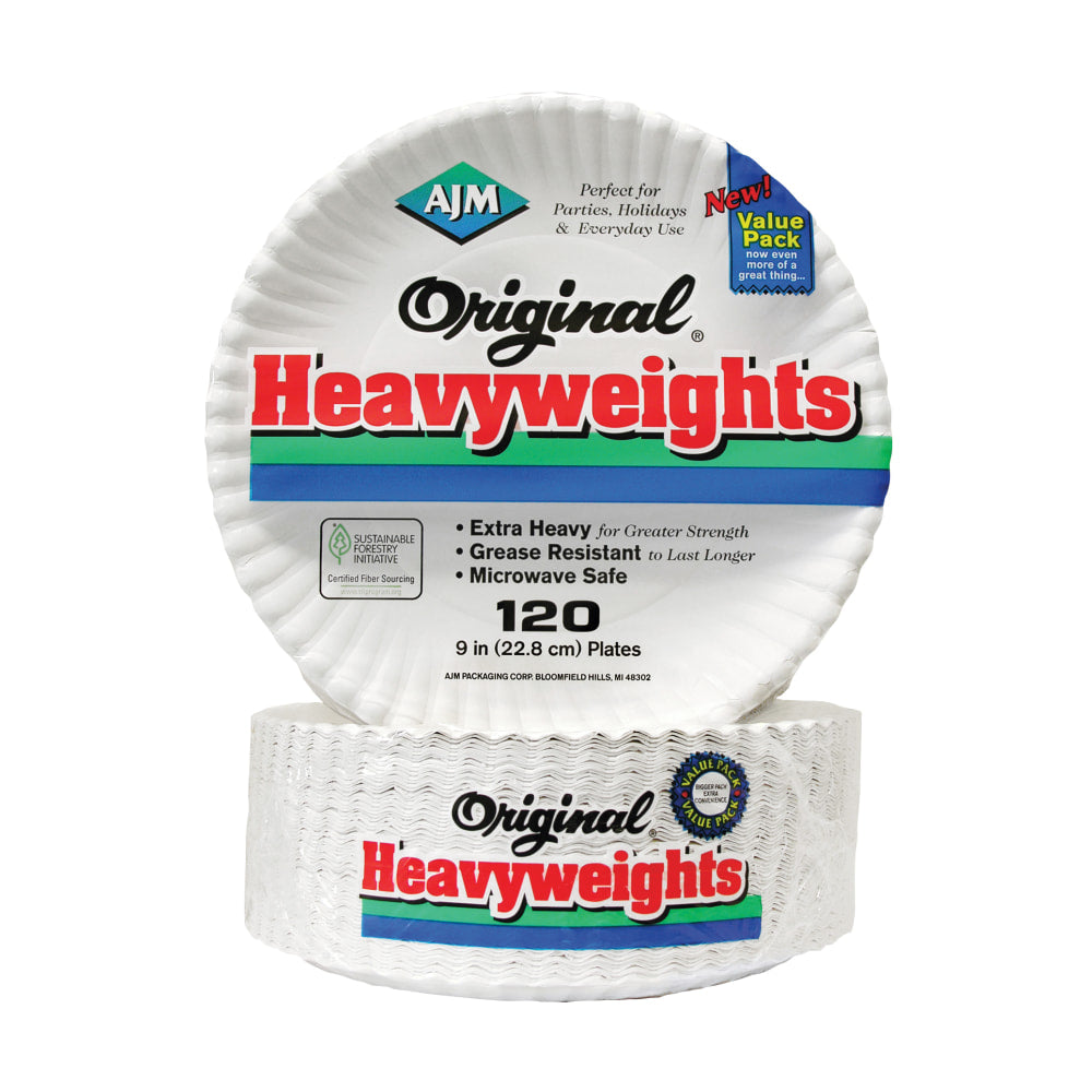 AJM Packaging Corporation Gold Label Coated Paper Plates, White, Pack Of 120 Plates