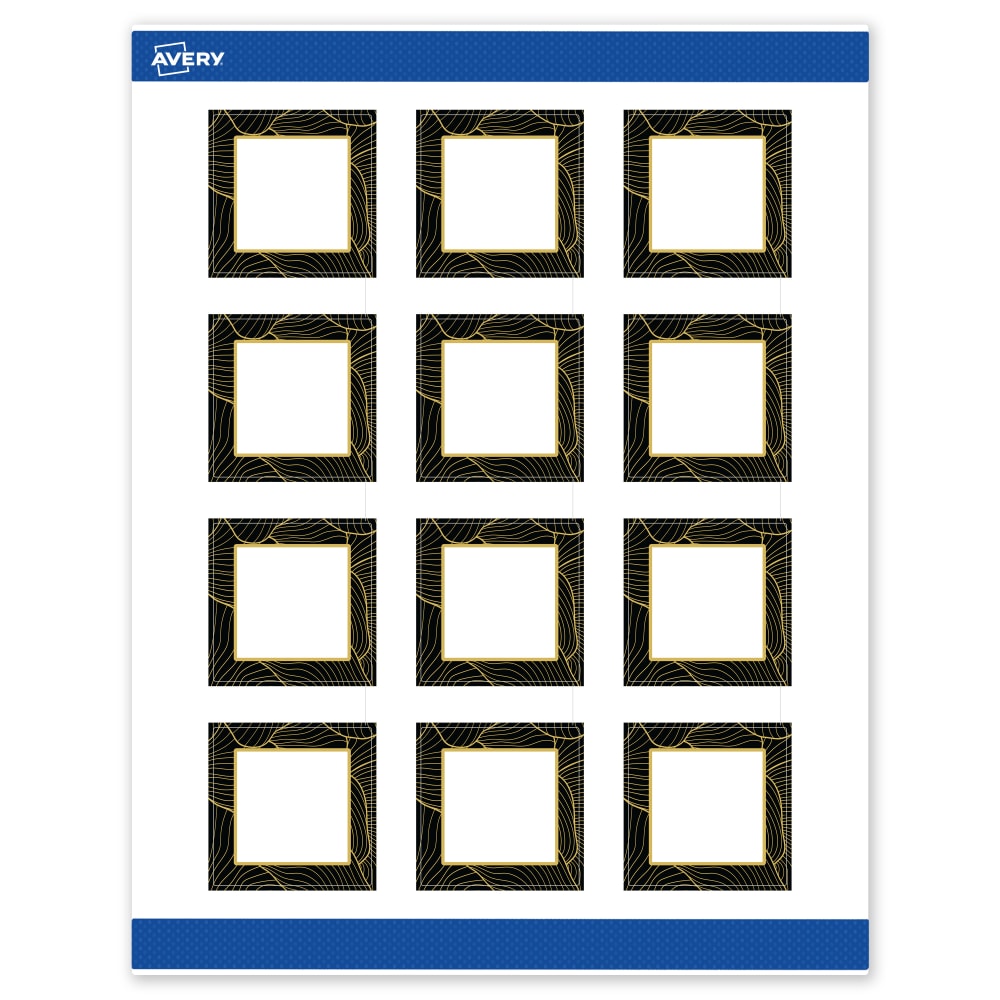 Avery Printable Labels With Sure Feed Technology, S00-ETE, Square, 2in x 2in, Matte White With Preprinted Black/Gold Vein Border, Pack Of 120