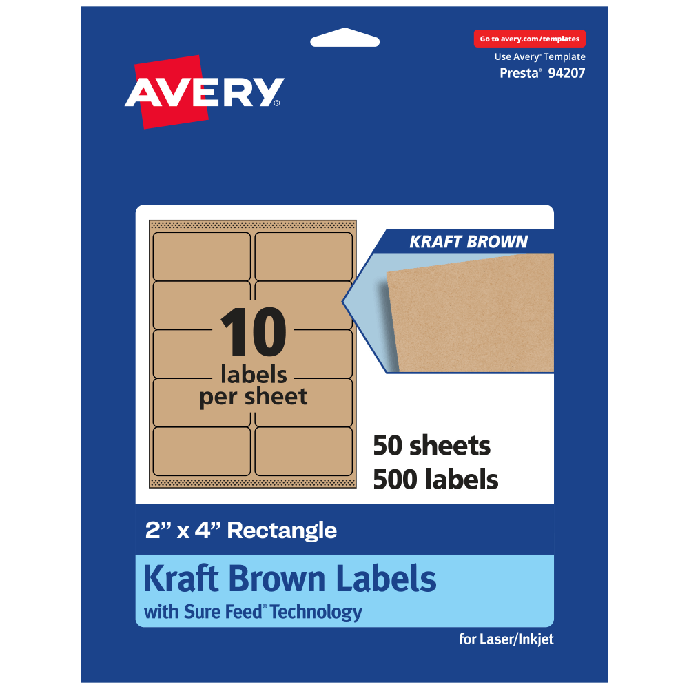 Avery Kraft Permanent Labels With Sure Feed, 94207-KMP50, Rectangle, 2in x 4in, Brown, Pack Of 500