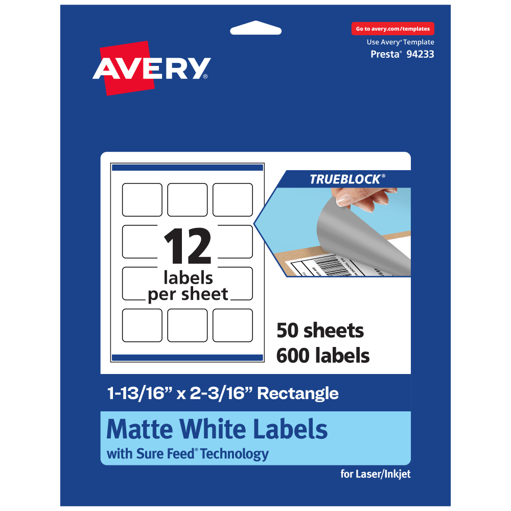 Avery Print-To-The-Edge TrueBlock Labels With Sure Feed, 94233-TWMP50, Rectangle, 1-13/16in x 2-3/16in, Matte White, Pack Of 600