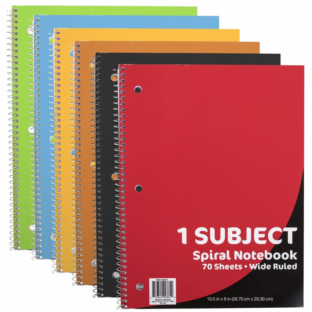 Trailmaker Spiral-Bound Notebooks, 10-1/2in x 7-1/2in, 1-Subject, Wide-Ruled, 70 Sheets, Assorted Colors, Pack Of 50 Notebooks