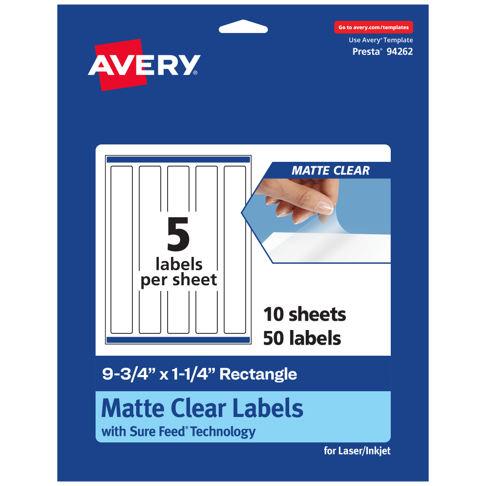 Avery Permanent Labels With Sure Feed, 94262-CMF10, Rectangle, 9-3/4in x 1-1/4in, Matte Clear, Pack Of 50