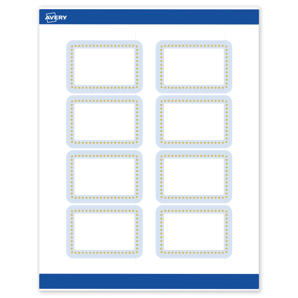 Avery Print-To-The-Edge Labels & Sure Feed, S00-DMB-PRWMP10, 2in x 3in, Matte White, Preprinted Blue Border & Gold Dots Design, Pack Of 80
