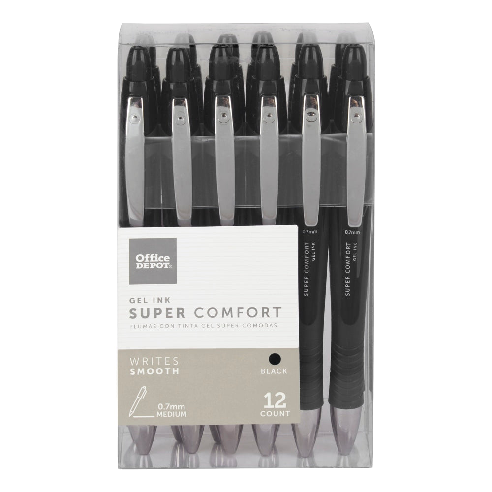 Office Depot Brand Super Comfort Grip Retractable Gel Pens, Medium Point, 0.7 mm, Black Barrel, Black Ink, Pack Of 12