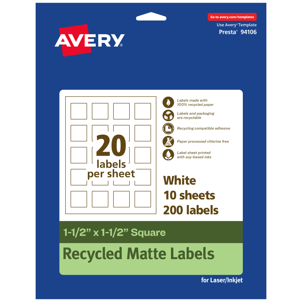 Avery Recycled Paper Labels, 94106-EWMP10, Square, 1-1/2in x 1-1/2in, White, Pack Of 200