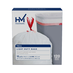Highmark Tall 0.6 mil Drawstring Kitchen Trash Bags, 0.6 mil, 13 Gallon, 24in x 28in, White, Box Of 120