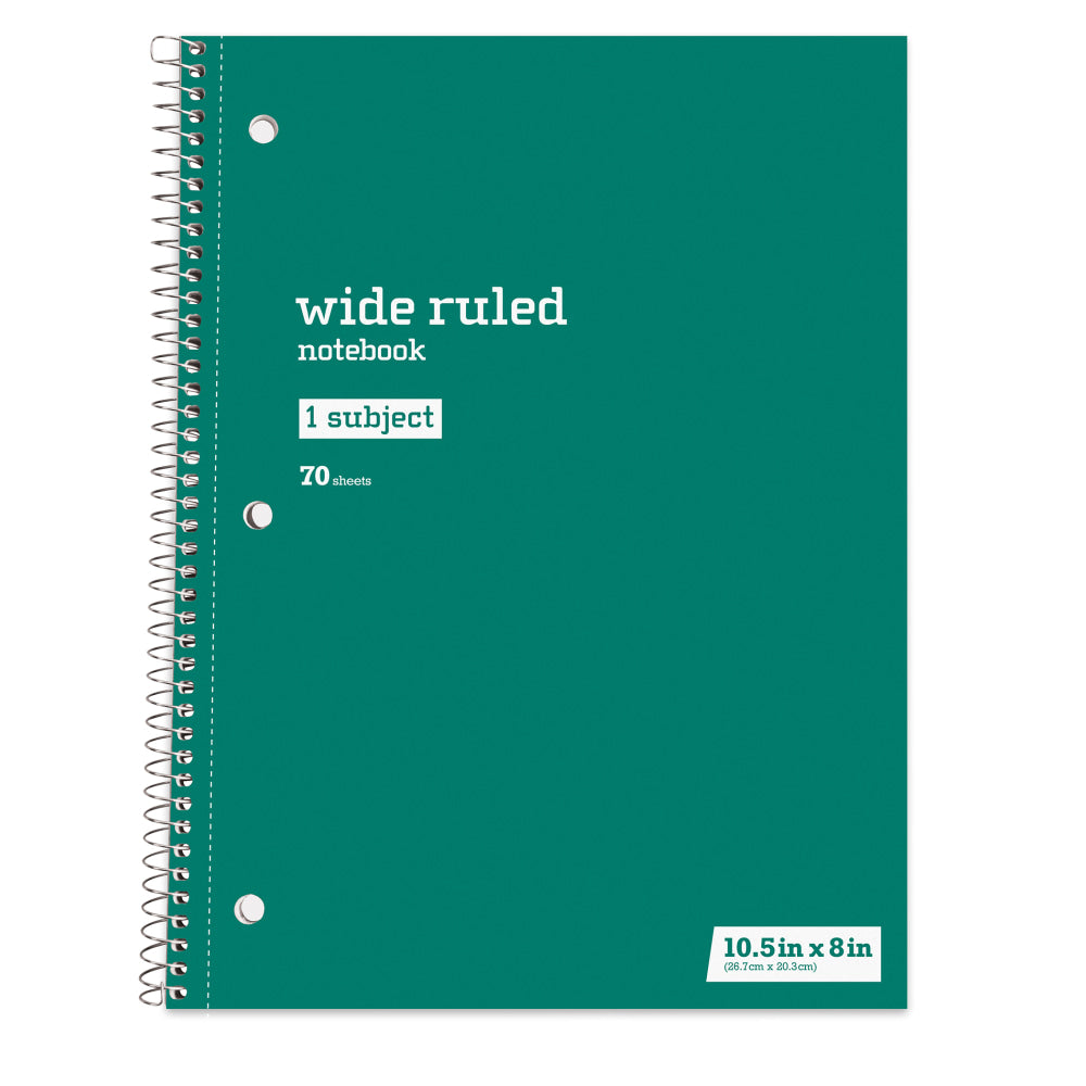 Just Basics Spiral Notebook, 8in x 10-1/2in, Wide Ruled, 70 Sheets, Green