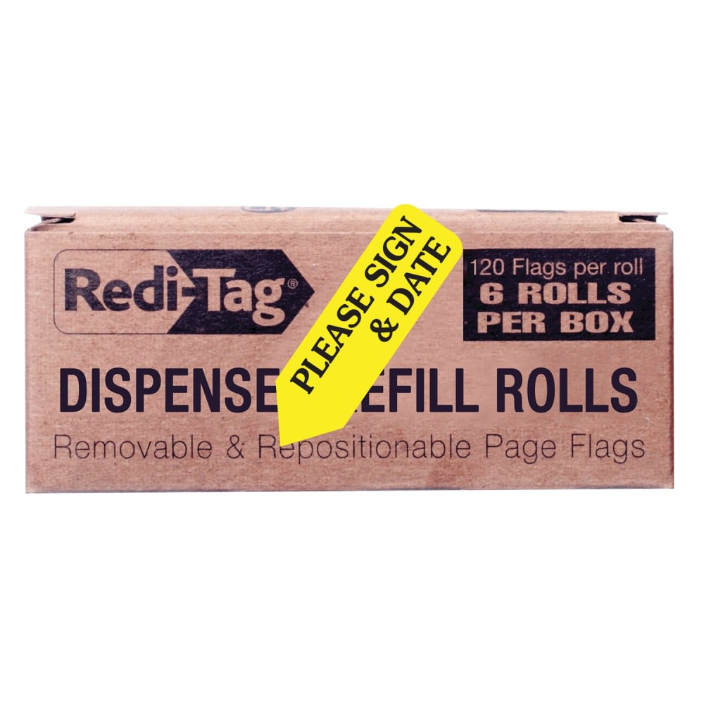 Redi-Tag Preprinted Signature Flags Refill, "PLEASE SIGN & DATE", Yellow, Removable, 120 Flags Per Roll, 6 Rolls