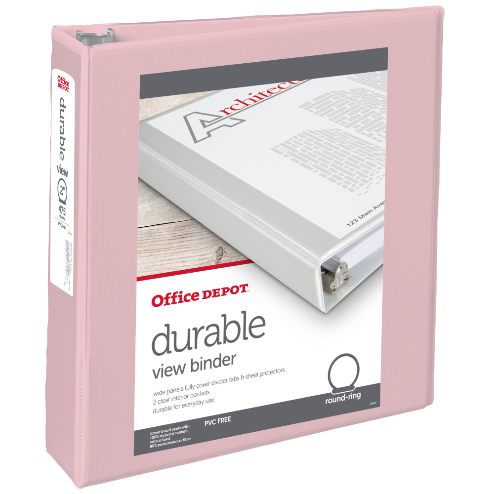 Office Depot Brand 3-Ring Durable View Binder, 2in Round Rings, Blush