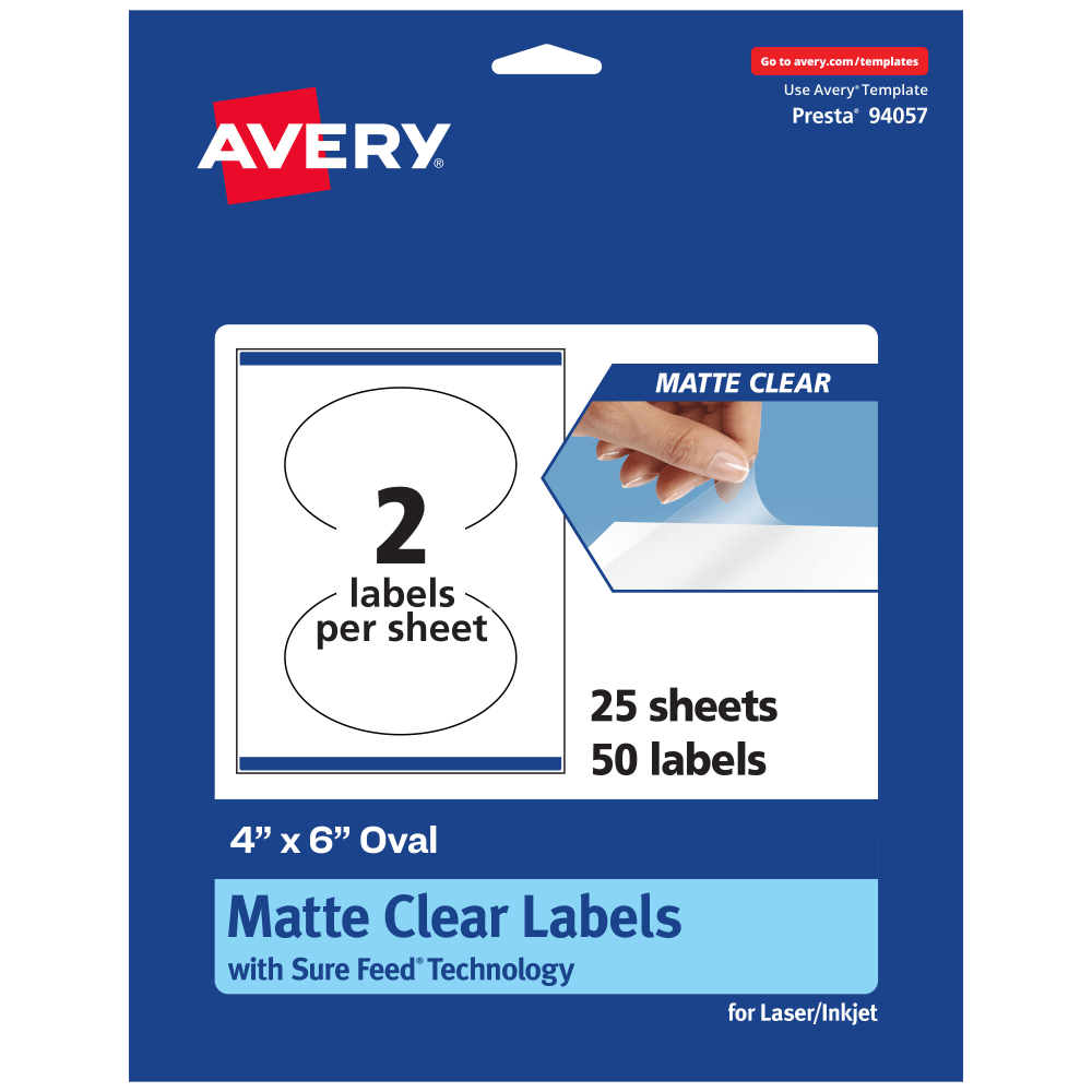 Avery Permanent Labels With Sure Feed, 94057-CMF25, Oval, 4in x 6in, Matte Clear, Pack Of 50