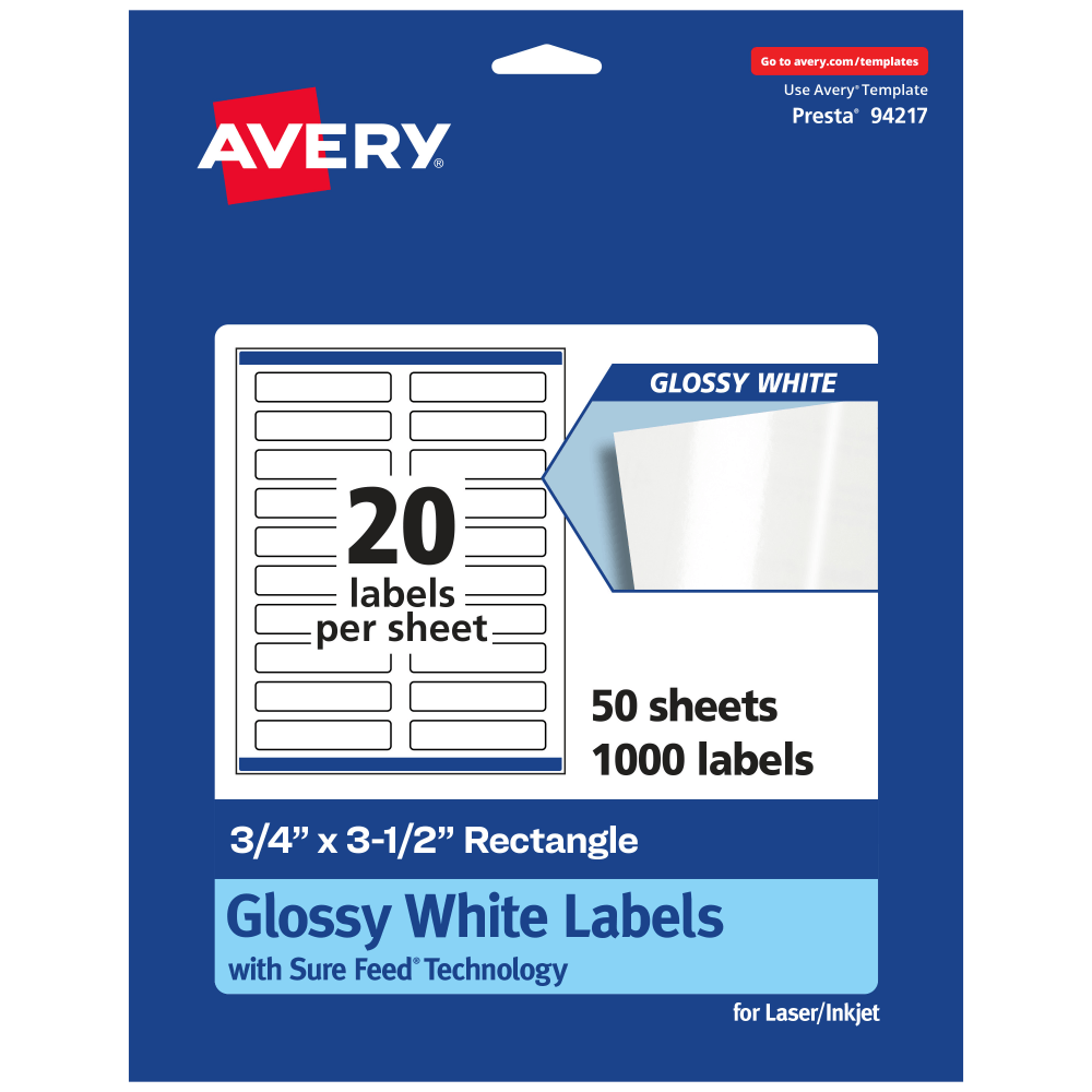 Avery Glossy Permanent Labels With Sure Feed, 94217-WGP50, Rectangle, 3/4in x 3-1/2in, White, Pack Of 1,000