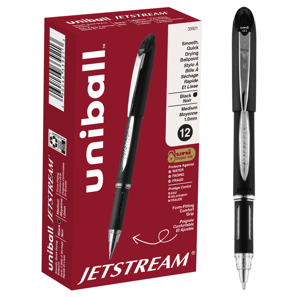 uniball Jetstream Ballpoint Pens, Medium Point, 1.0 mm, Black Barrel, Black Ink, Box Of 12