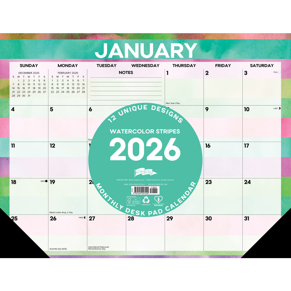 2026 Willow Creek Press Desk Pad Calendar, 22in x 17in, Watercolor Stripes, January To December, 57292