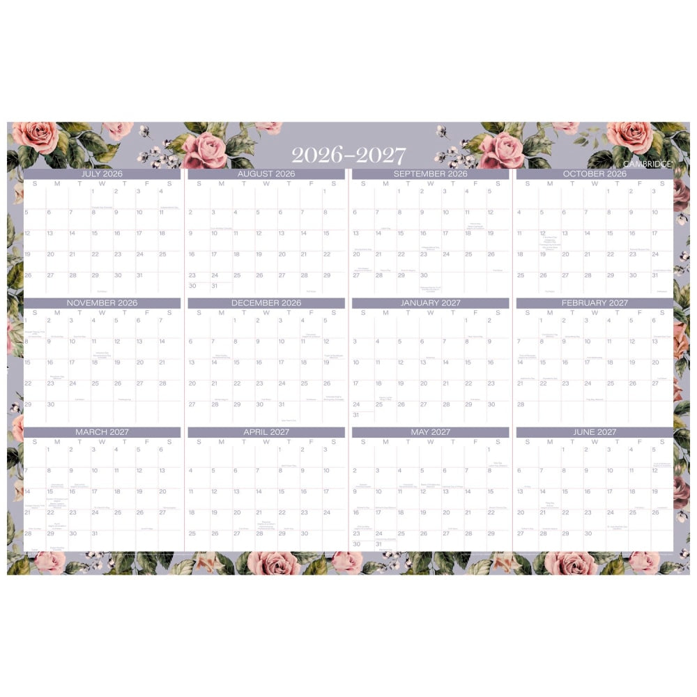 Mead Cambridge Tea Rose 2026-2027 Erasable Wall Calendar, Reversible Academic Year/Regular Year, Large, 24in x 36in