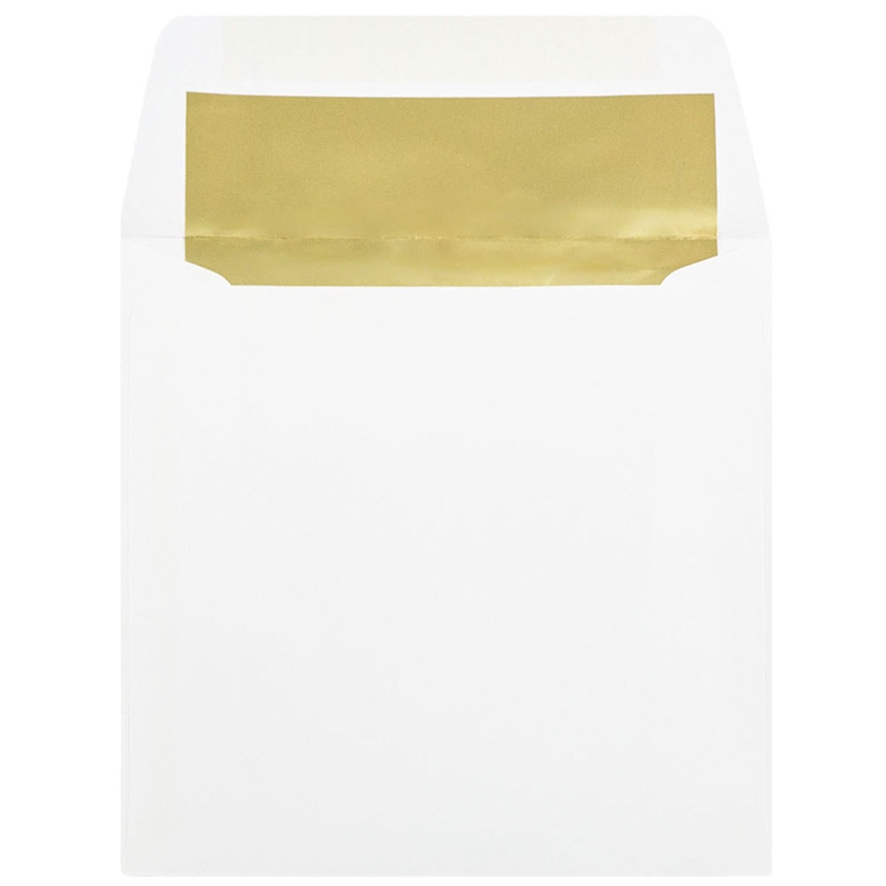 JAM Paper Foil-Lined Invitation Envelopes, 6in x 6in, Gummed Seal, Gold/White, Pack Of 25