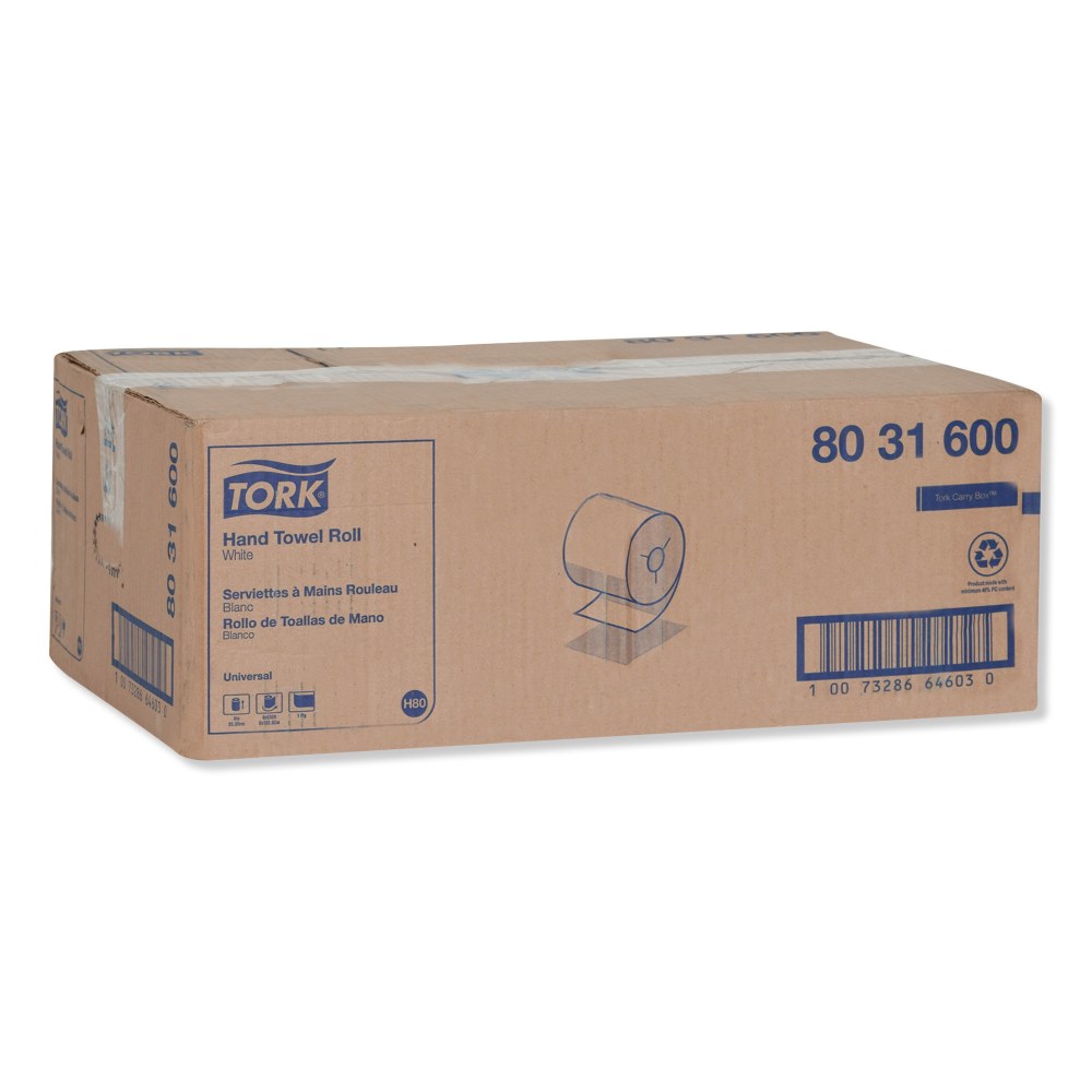 Tork Universal Hand Towel Roll, Notched, 1-Ply, 7.5in x 630 ft, White, 6 Rolls/Carton