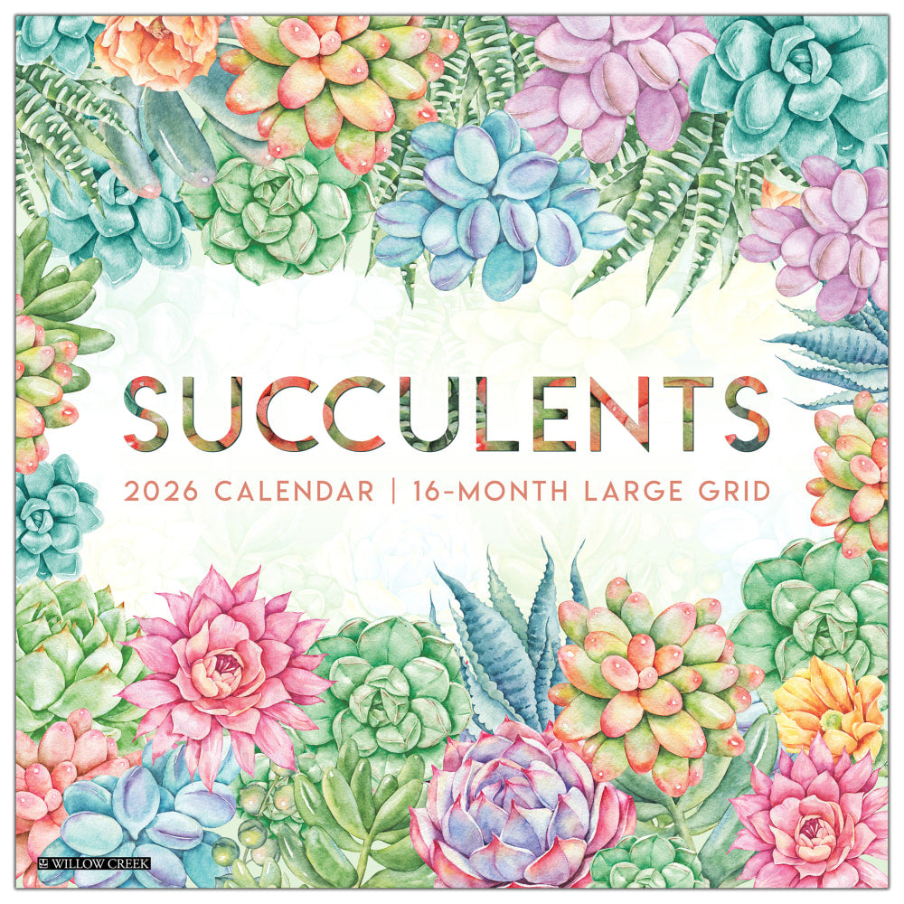 2026 Willow Creek Press Art & Design Monthly Wall Calendar, 12in x 12in, Succulents-Large Grid, January To December, 55564