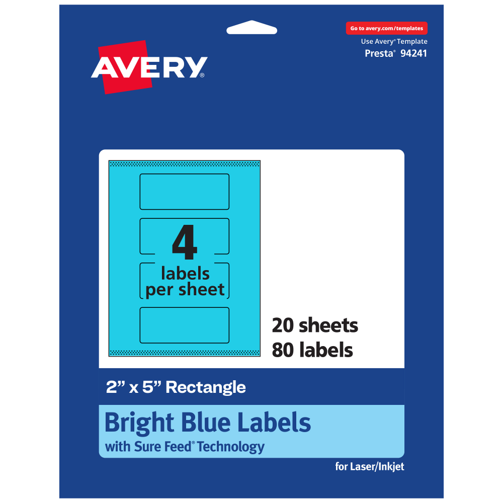 Avery Print-To-The-Edge Labels With Sure Feed Technology, 94241-BBP20, Rectangle, 2in x 5in, Matte Bright Blue, Pack of 80