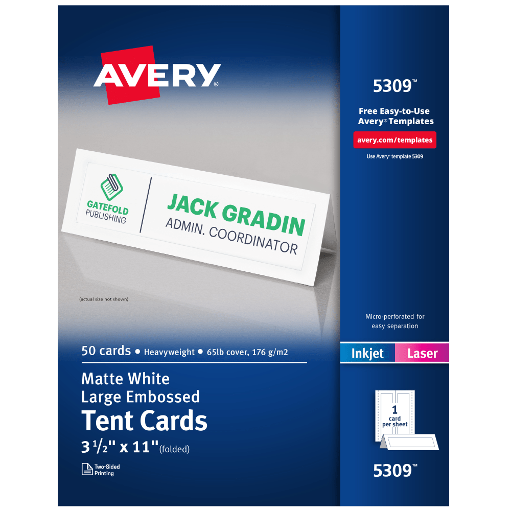Avery Printable Tent Cards, 3 1/2in x 11in, White With Embossed Border, Pack Of 50 Cards
