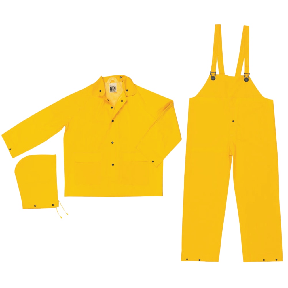 Three Piece Rain Suit, Jacket/Hood/Bib Pants, 0.35 mm PVC/Poly, Yellow, 6X Large