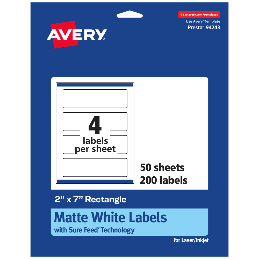Avery Permanent Labels With Sure Feed, 94243-WMP50, Rectangle, 2in x 7in, White, Pack Of 200