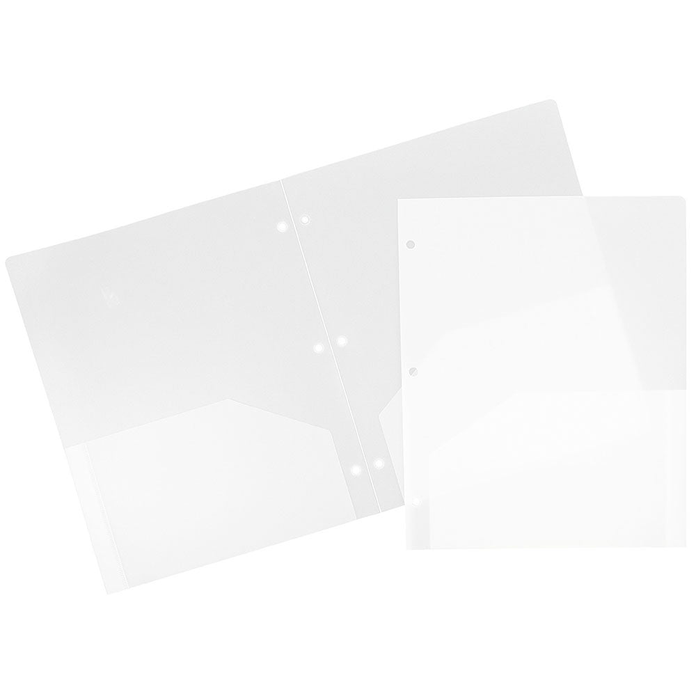 JAM Paper 3-Hole-Punched 2-Pocket Plastic Presentation Folders, 9in x 12in, Clear, Pack Of 6