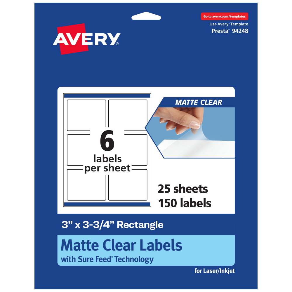 Avery Permanent Labels With Sure Feed, 94248-CMF25, Rectangle, 3in x 3-3/4in, Matte Clear, Pack Of 150