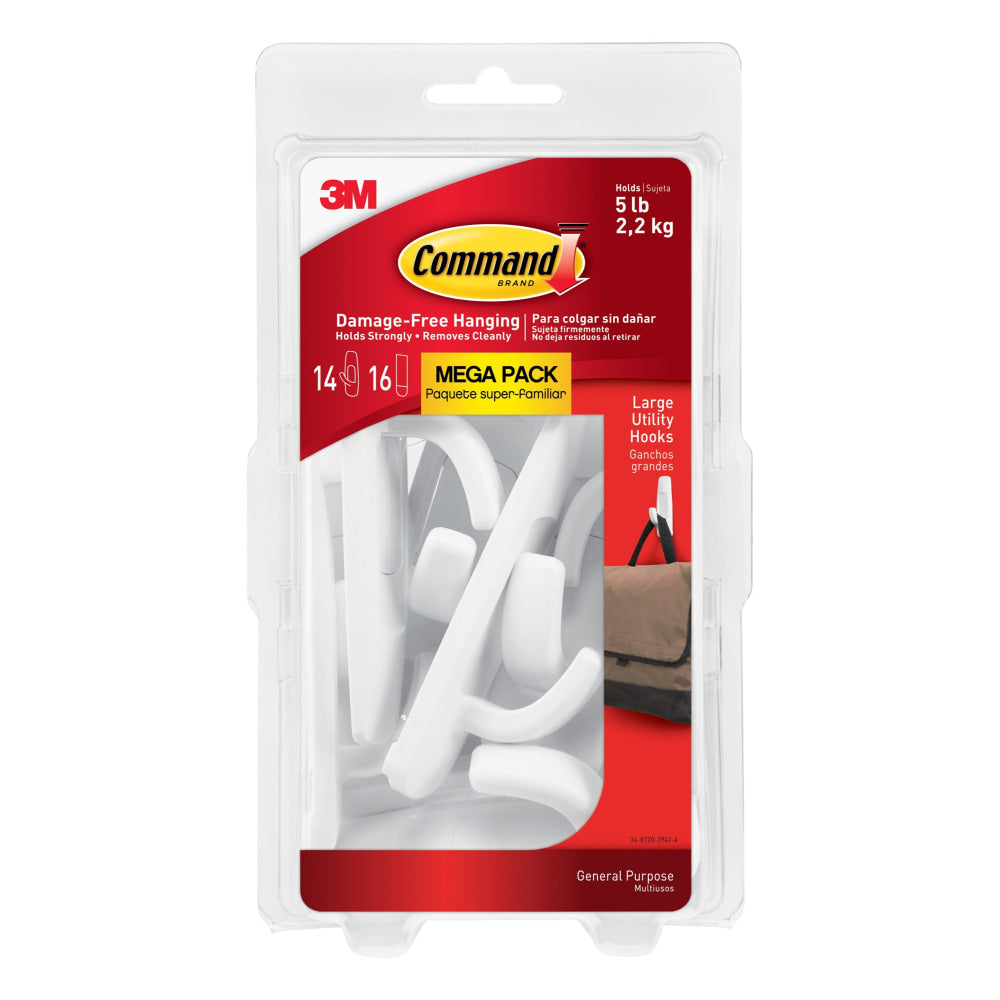 Command Large Utility Hooks, 14 Hooks, 16 White Adhesive Strips, Damage Free Hanging Picture Hangers, No Tools Wall Hanging for Back to School
