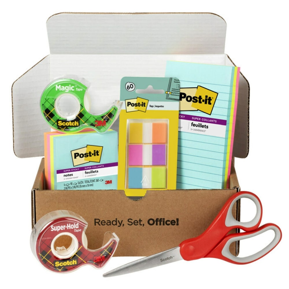 Post-it and Scotch Brand Essentials Pack, Super Sticky Notes, Super Hold Tape, Magic Tape, Flags, and Scissors, School Supplies and Office Products