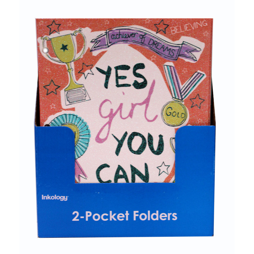 Inkology 2-Pocket Portfolios, Vicky Yorke Girl Squad Glitter Covered, 9-1/2in x 11-3/4in, Assorted Designs, Pack Of 24 Folders