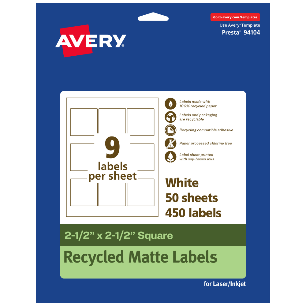 Avery Recycled Paper Labels, 94104-EWMP50, Square, 2-1/2in x 2-1/2in, White, Pack Of 450