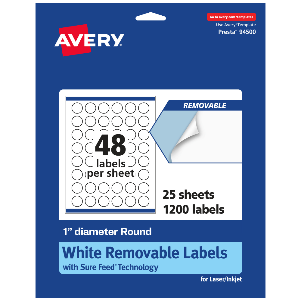 Avery Removable Labels With Sure Feed, 94500-RMP25, Round, 1in Diameter, White, Pack Of 1,200 Labels