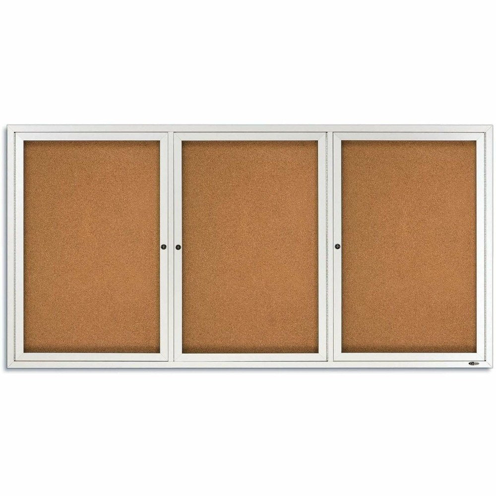 Quartet Fully Enclosed 3-Door Bulletin Board, 72in x 48in, Aluminum Frame With Silver Finish