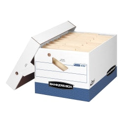 Bankers Box Presto Heavy-Duty Storage Boxes, Letter/Legal Size, 15in x 12in x 10in, White/Blue, Case Of 4 - 63602