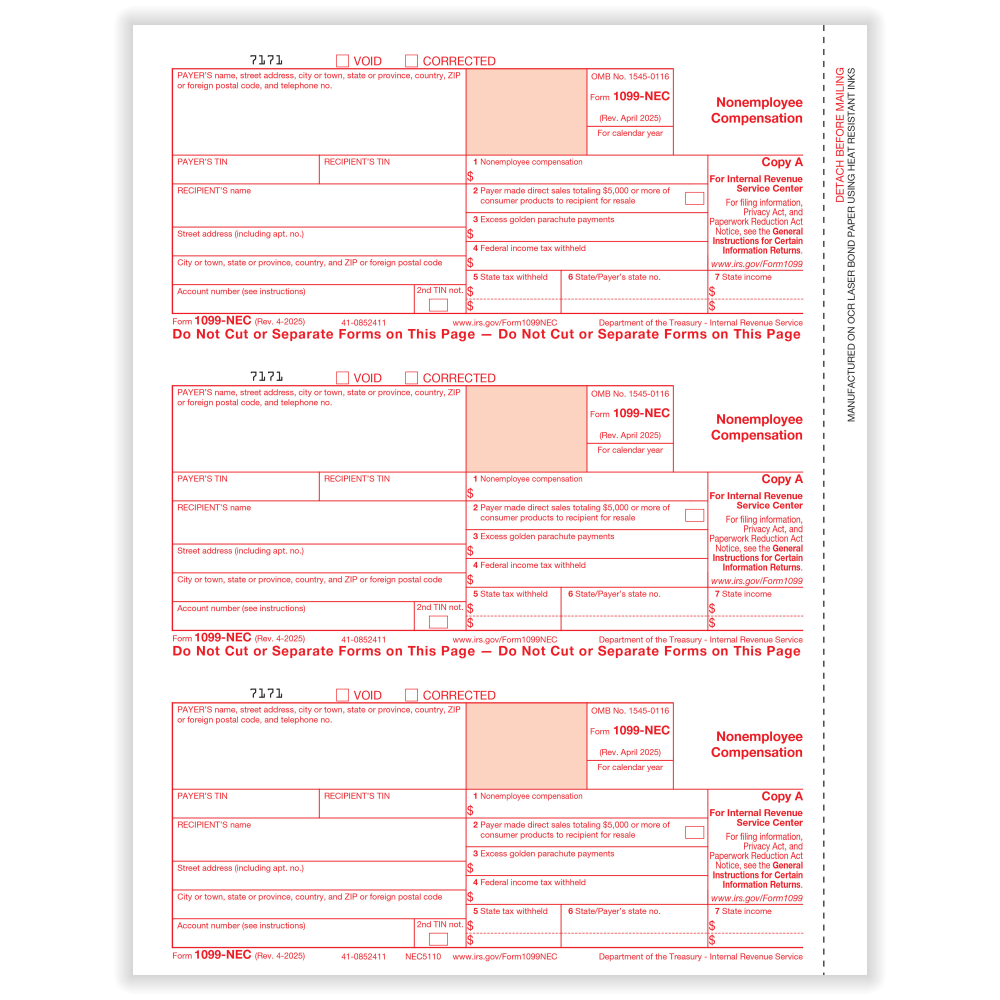 ComplyRight 1099-NEC Tax Forms, Federal Copy A, 3-Up, 8-1/2in x 11in, Pack Of 1,500 Forms