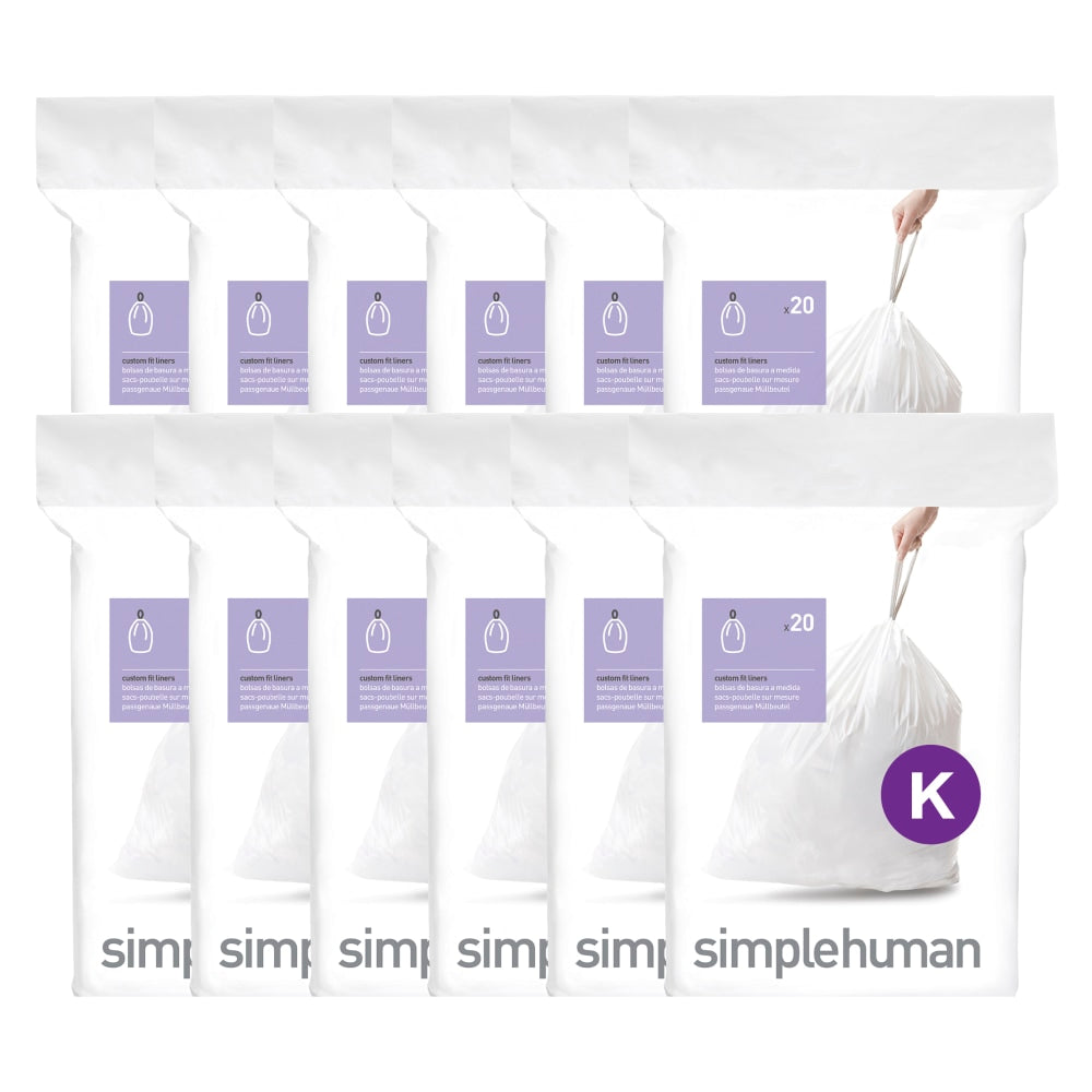 simplehuman Custom Fit Can Liners, K, 0.3 mil, 35-45L/9-12G, White, Pack Of 240