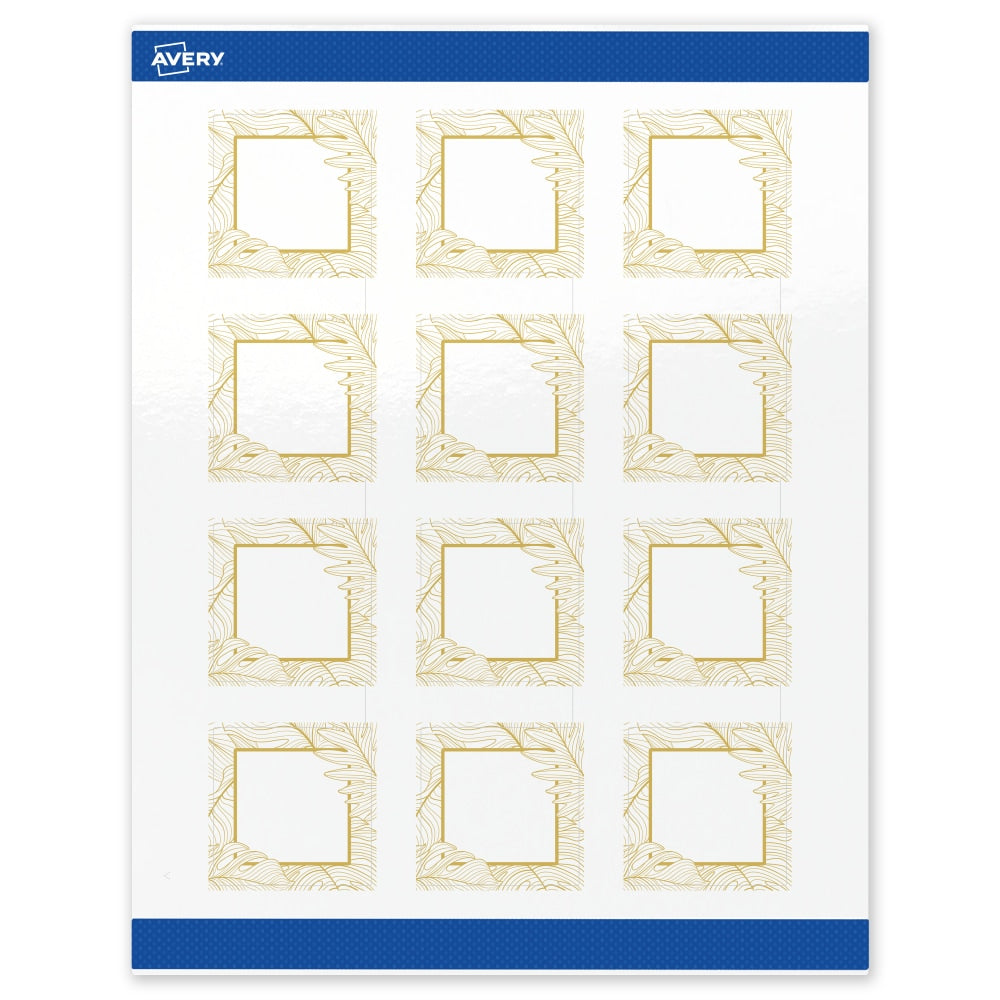 Avery Printable Labels With Sure Feed Technology, S00-EVT, Square, 2in x 2in, Glossy White With Preprinted Gold Leaf Pattern, Pack Of 120