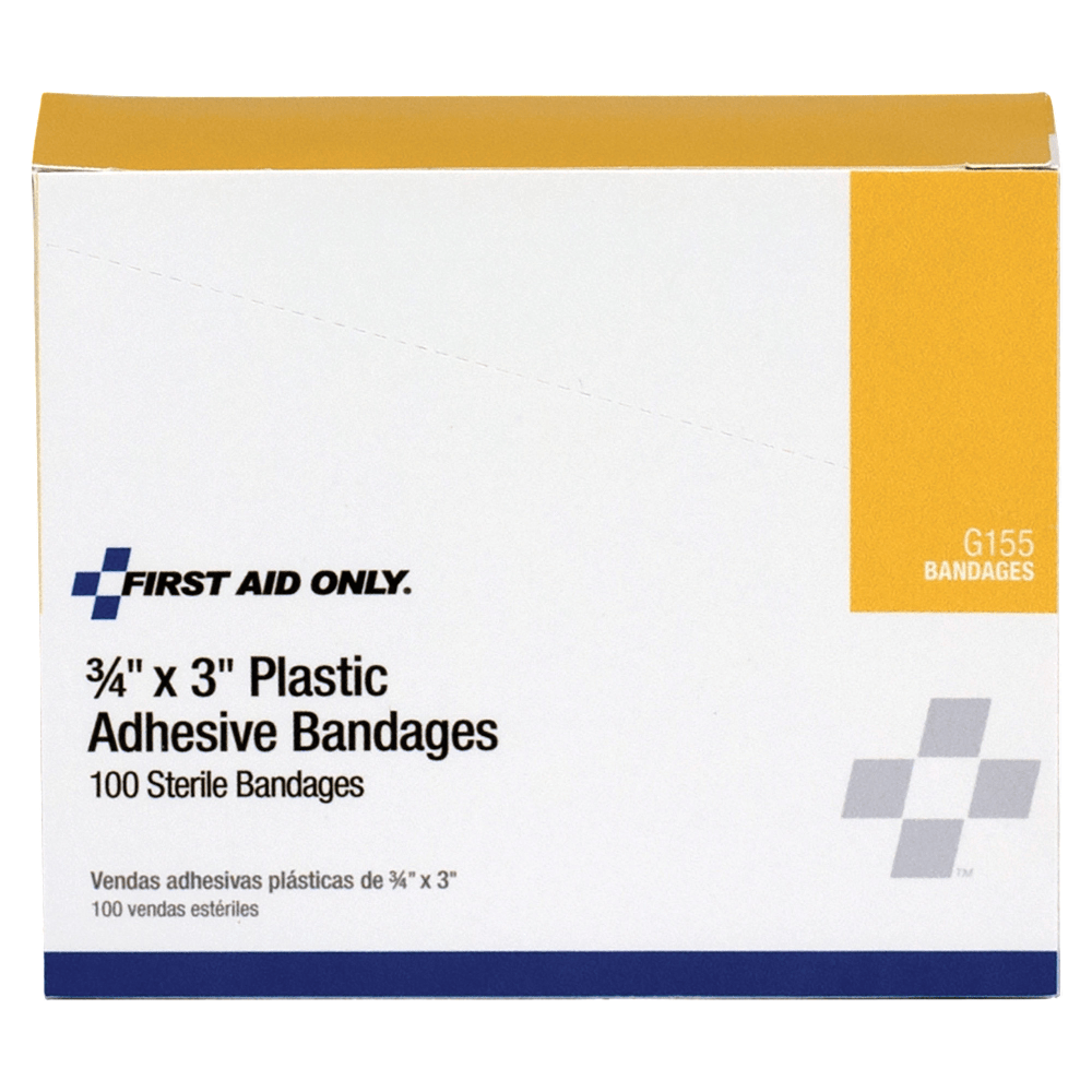 First Aid Only Plastic Adhesive Bandages, 3/4in x 3in, Tan, Pack Of 100
