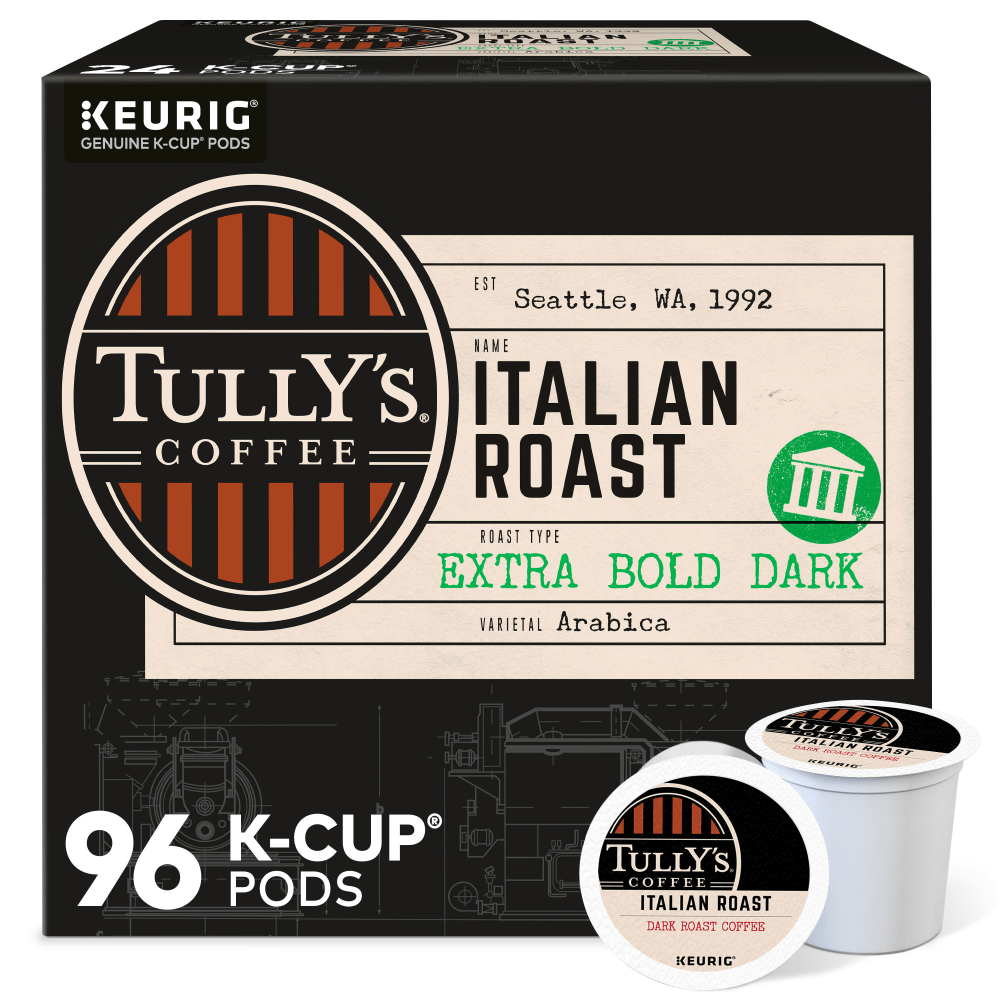 Tullys Coffee Italian Roast Keurig Single-Serve K-Cup Pods, Dark Roast, 24 Pods Per Pack, Case Of 4 Packs