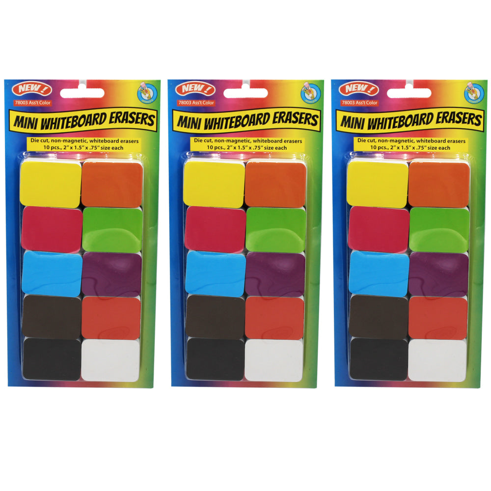 Ashley Productions Mini Whiteboard Erasers, 1-1/2in x 2in, Assorted Colors, 10 Per Pack, Set Of 3 Packs