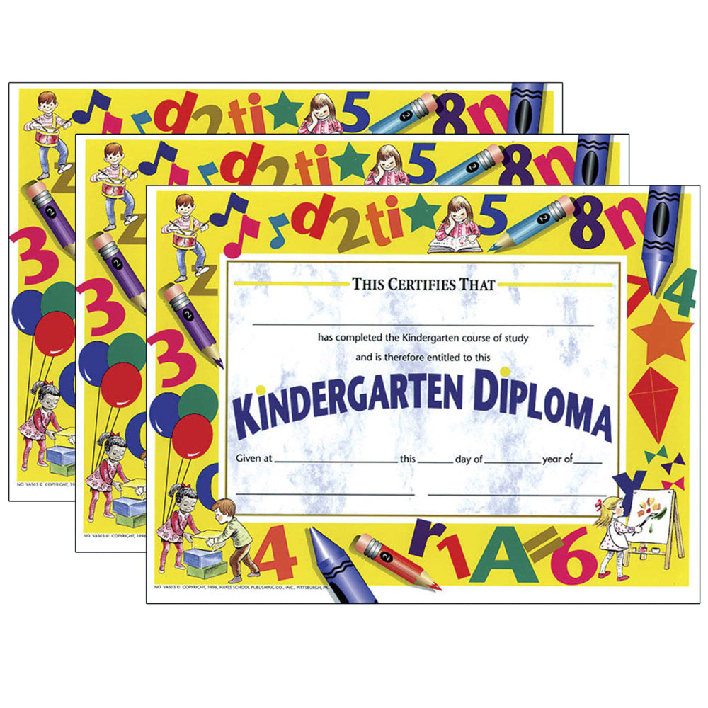 Hayes Publishing Kindergarten Diploma, 8.5in x 11in, 30 Per Pack, Set Of 3 Packs