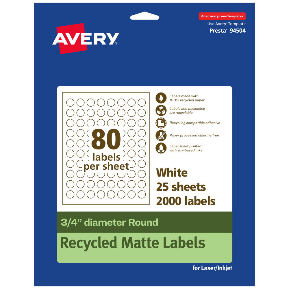 Avery Recycled Paper Labels, 94504-EWMP25, Round, -3/4in diameter, White, Pack Of 2000